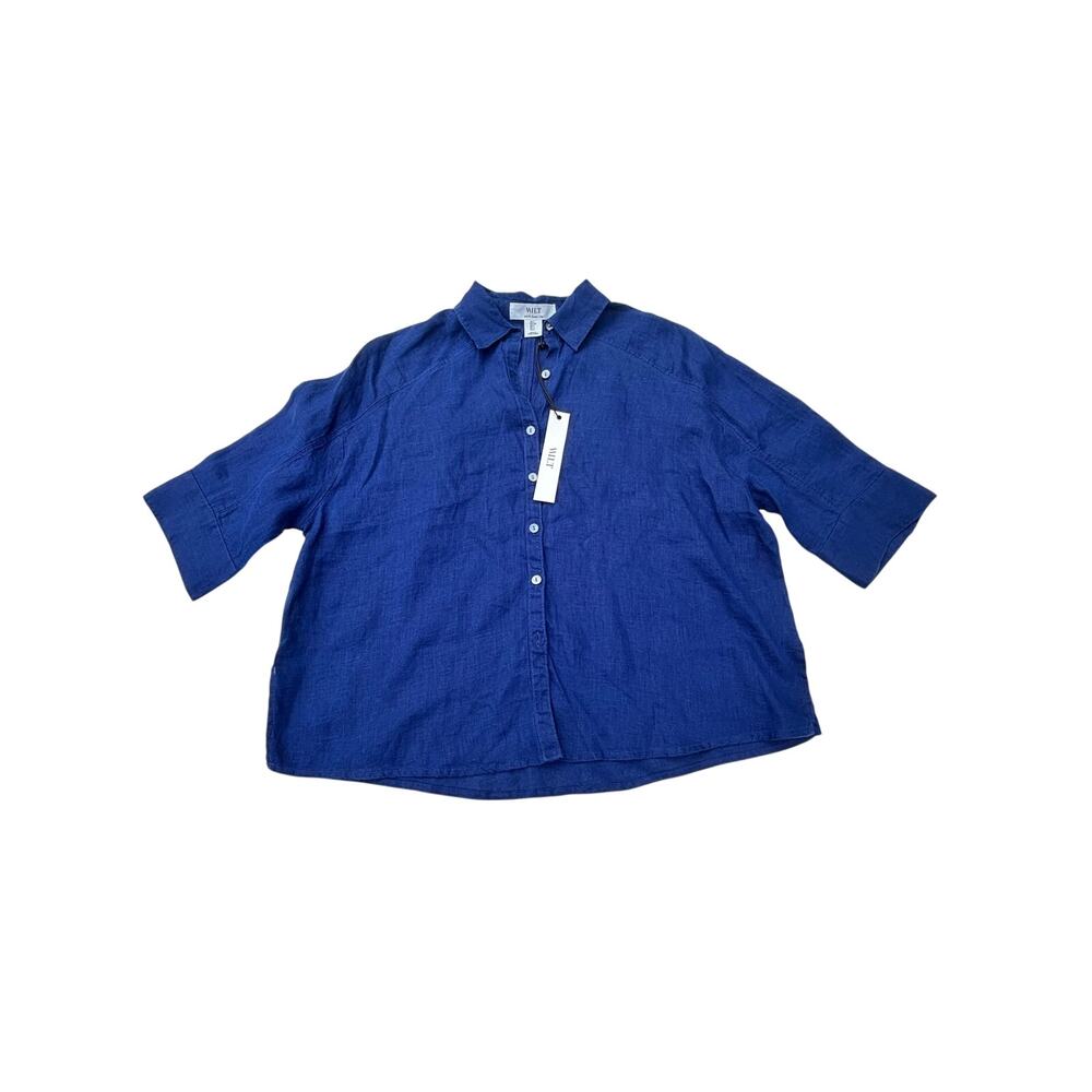 Wilt 100% Linen Button Down 1/2 Sleeve Blue NWT S